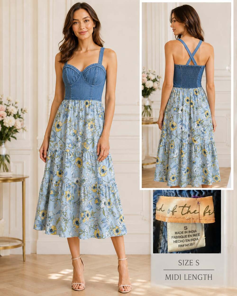 Band of the Free Denim Corset Bodice Floral Print Tiered Midi Dress Size S